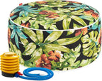 Outdoor/Indoor Inflatable Ottoman Pouf D20 xH9, All Weather Round Footstool with Foot Pump, Water Repellent Portable Footrest with Handle for Patio Garden Camping Travel-Tropical Green Leaves