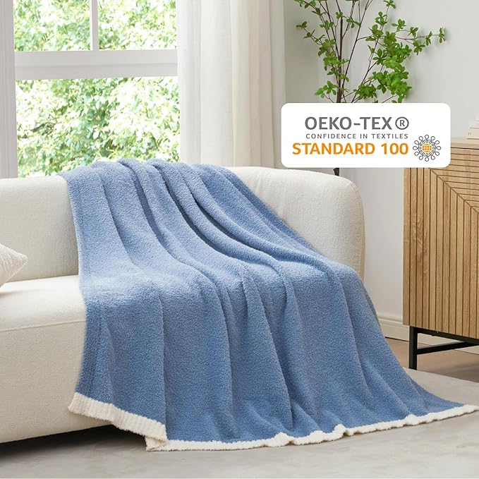 Snuggle Sac Blue Bedding Blankets Queen Size 90x90 inches, Reversible Microfiber Fluffy Fuzzy Soft Throw Cozy Knit Blanket for Women Mothers Birthday Gifts