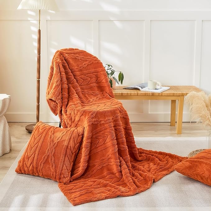 YUSOKI Sherpa Large Throw Blanket Single Layer,Light Weight(1.7lb),370GMS-3D Stylish Design for Gift Home Decor (Burnt Orange,50"x65")