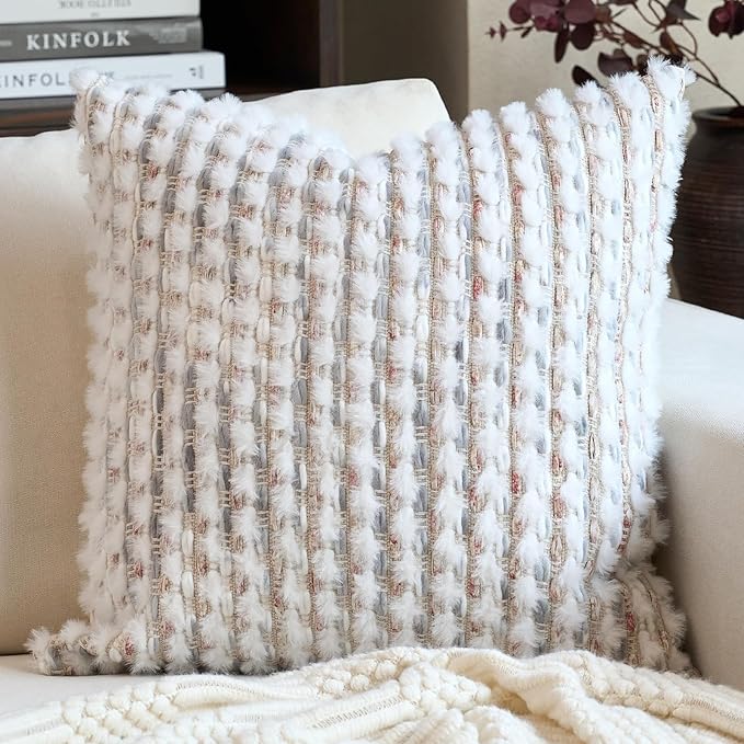 Aeckself Handmade Boho Chenille Tufted Pillow Cover 20x20 Inch, Decorative Square Throw Pillow Cover Neutral Pillowcase for Couch Bedroom Living Room, Grey White