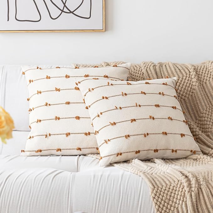 Boho Throw Pillow Covers 16x16 Set of 2 Modern Farmhouse Decorative Cushion Case Tufted Square Pillows Cover Neutral Pillow Cases Accent Pillowcase for Sofa,Couch,Bed,Beige and Brown