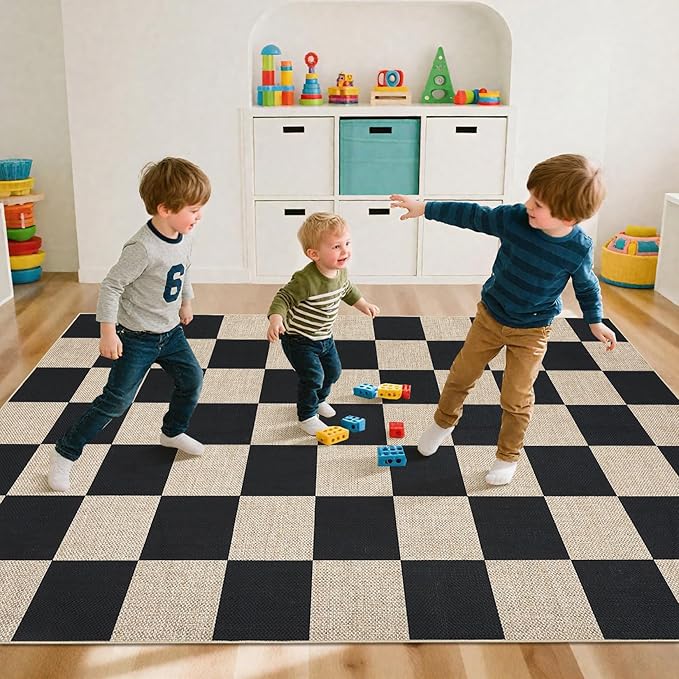 GarveeHome Easy Jute Area Rugs 6x9 for Living Room Non-Slip Backing Checkered Rugs Machine Washable Modern Indoor Outdoor Carpets for Dining Room Nursery Patio Bedroom Backyard Camping Black