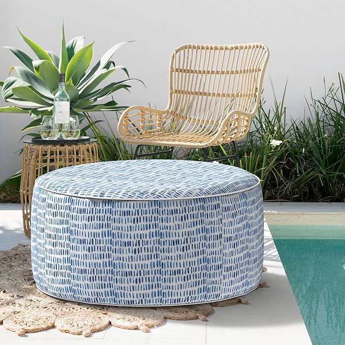 Indoor/Outdoor Inflatable Ottoman, All Weather Ottoman Pouf D31 x H14 inch, Round Foot Rest Ottomans, Portable Footstool for Patio, Garden, Porch, Home, Pebble Blue