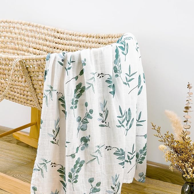 BabyWhale Muslin Swaddle Blanket with Hat and Headband Bow, Boho Green Eucalyptus Leaves Swaddle Set for Newborns, Breathable Receiving Blanket Wrap, Large 47x47 inches