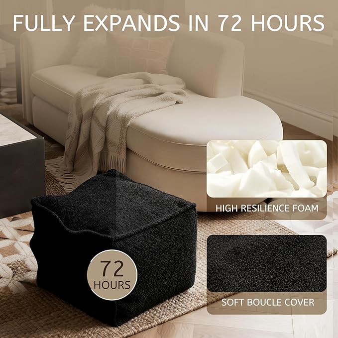 Square Boucle Pouf Ottoman Footrest, Soft & Lightweight Footstool with Foam Filling for Living Room & Bedroom, Laid-Back Lounge Style