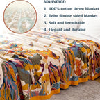 MSGKV Boho Throw Blanket for Bed 100% Cotton Throw Floral Couch Blanket 80''x90'', Spring Breathable Travel Muslin Blanket for Women Home Decor