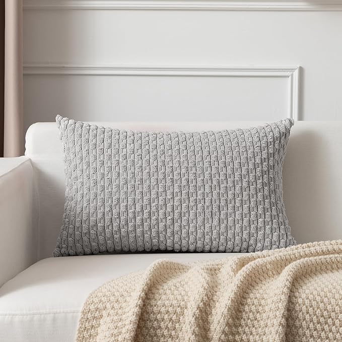 Kevin Textile 14x22 Inch Pillow Cover 1 Pack Boho Decorative Soft Striped Corduroy Lumbar Farmhouse Solid Color Accent Rectangle Cushion Case for Living Room Couch Sofa Bed, Light Grey
