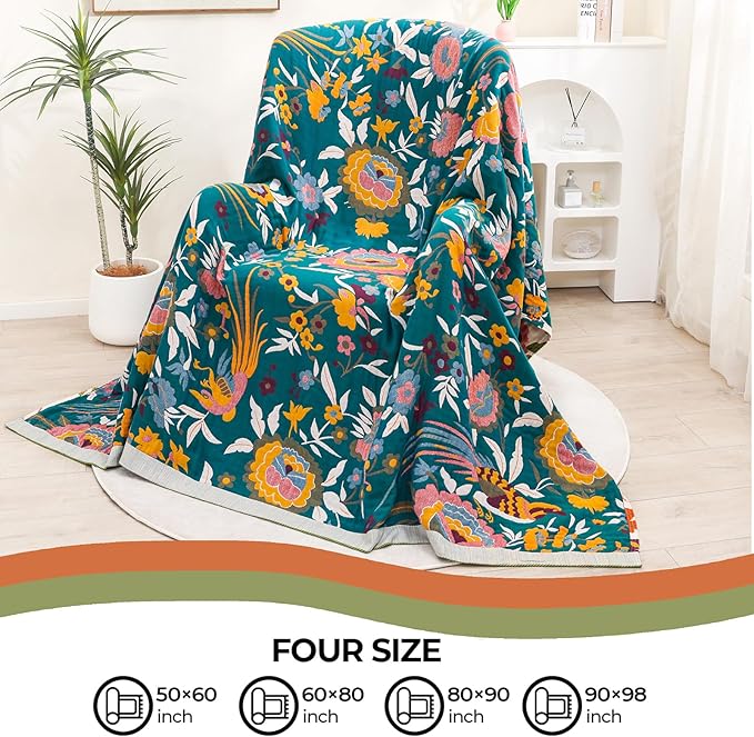 Boho Throw Blanket for Bed Couch Sofa,100% Cotton Ultra Soft Large Throw Blanket,Floral Bird Decor Bed Blankets 60"×80",Decorative Reversible Muslin Bed Cover for All Seasons