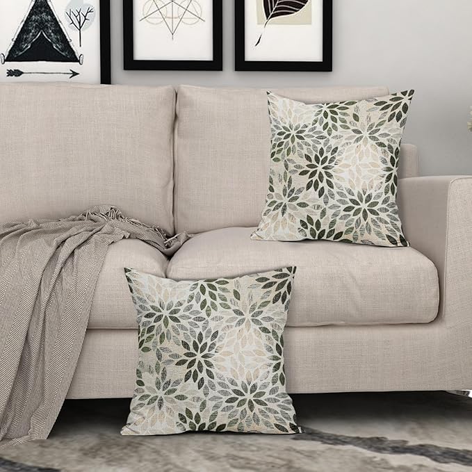 Olive Green Dahlia Throw Pillow Covers 24x24 Inch Rustic Geometric Flower Decorative Square Pillow Cases Beige Tan Gray Floral Cushion Covers Farmhouse Home Decor For Sofa Couch Outdoor Set of 2