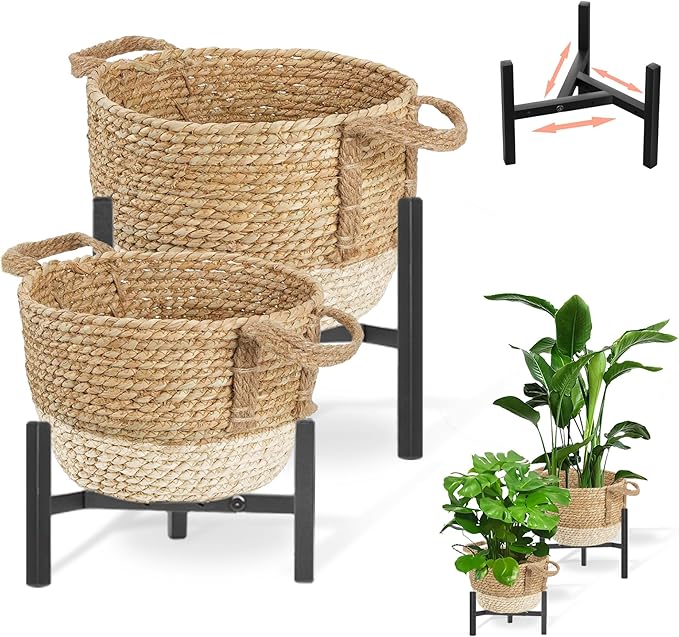 Set of 4 Wicker Rattan Plant Basket Display Stand Indoor Outdoor, Boho Tall Flower Woven Planter Pot Holders with Adjustable Metal Shelf (Brown & White)