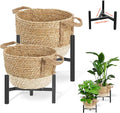 Set of 4 Wicker Rattan Plant Basket Display Stand Indoor Outdoor, Boho Tall Flower Woven Planter Pot Holders with Adjustable Metal Shelf (Brown & White)