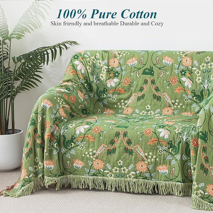 Boho Throw Blanket for Bed-100% Cotton Soft Breathable Farmhouse Decor Boho Quilt for Sofa (Bright Green, 60"x80")