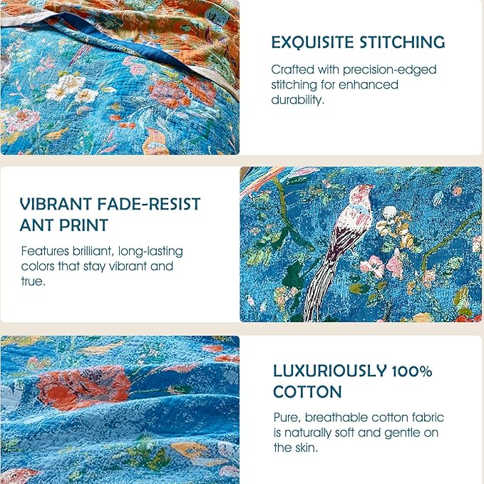 Boho Throw Blanket - 100% Cotton Ultra Soft Muslin Blanket, 60"x80" Lightweight Floral Bird Printed Framhouse Bedding Spring Blanket for Bed, All Season Blue Bohemian Bedroom Home Decor Quilt
