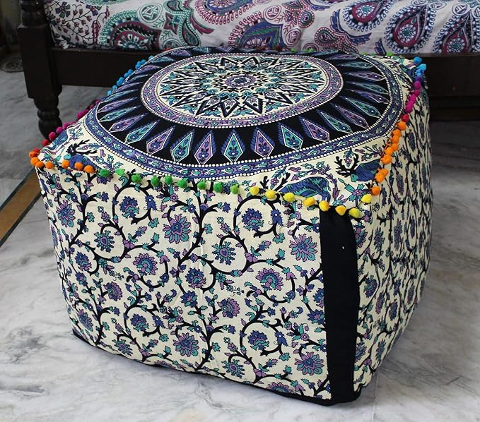 CRAFT KALA Indian Square Patchwork Traditional Pouf Cover Indian Living Room Poufs Cover Decorative Designer Ottoman Home Living Footstool Chair Ottoman Decor 22X22X14 inch, Green Deer Elephant