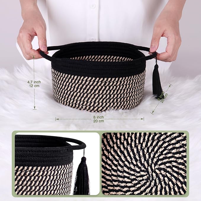 Small Empty Gift Basket to Fill with Handles, Little Cute Woven Baskets for Man, Boys Gifting – Mini Storage Bin for office Desk, Bathroom, Plant Decor with Gift Bag & Ribbon – Black Brown