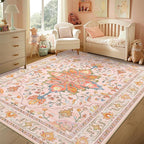Area Rugs 3'x5' Washable Non-Slip, Floral Vintage Distress Print Pattern Medallion Carpet for Living Room Bedroom Dining Room, Light Pink Colorful