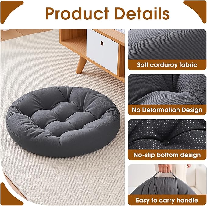 Floor Pillows for Adults, 22x22x6 Inch Meditation Cushions, Large Round Sitting Cushion Living Room Memory Foam Pillow for Sitting (1, Grey, 22x22x6 Inch)