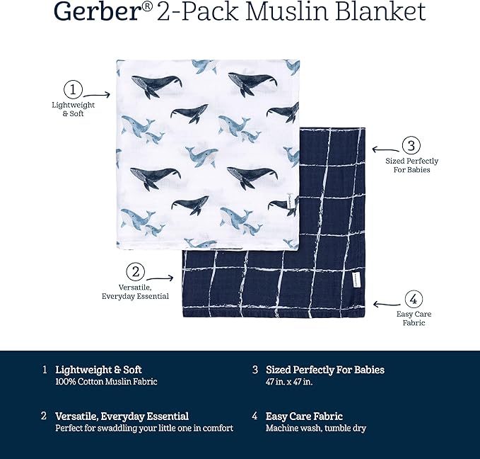 Gerber Baby Unisex 2-Pack Muslin Blanket, Coastal Calm, One Size