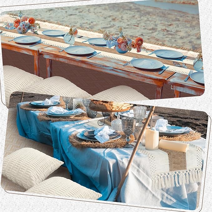 Extra Large Outdoor Boho Picnic Blanket 91'' x 71'' Beige White Table Runner 6 Throw Pillow Cover Woven Cotton Yarn Oversize Beach Blanket Washable for Picnic Camp Wedding