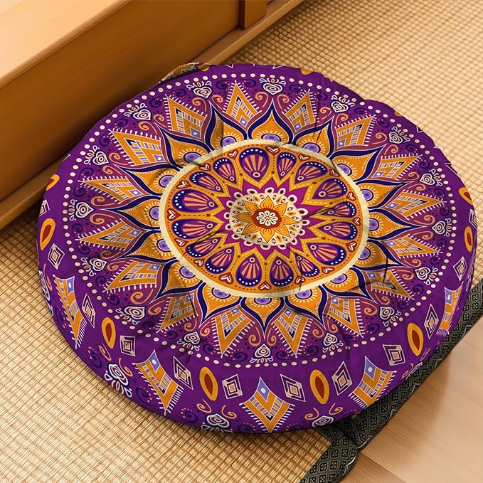Mandala Meditation Cushion, Boho Meditation Mat, Meditation Pillows for Sitting on Floor, Cushions for Sitting in Home and Outdoor, Round Floor Pillows Cushion Seating for Yoga Accessories 22'' X 22''
