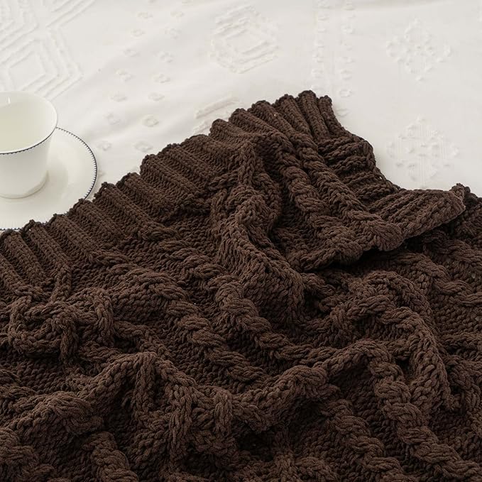 Battilo Dark Brown Throw Blanket for Couch, 51"x67" Soft Chenille Knit Throw Blanket for Home Decor, Soft Cozy Blanket, Decorative Chocolate Brown Blanket for Bed, Living Room