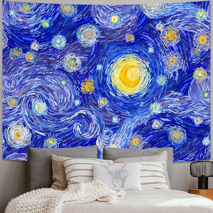 Accnicc Starry Night Tapestry Vincent Van Gogh Wall Tapestries Aesthetic Abstract Star Blue Sky Oil Painting Landscape Ceiling Hippie Tapestrys for Bedroom Living Room Dorm 80 x 60 Inch