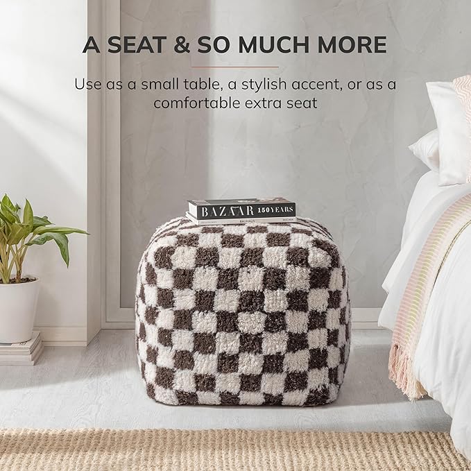 Anji Mountain Pouf Ottoman Foot Rest, Handmade Ottoman Pouf, Comfortable Foot Stool, Decorative Floor Seating for Living Room Decor, Bedroom & Home Décor Accent - Espresso Checker