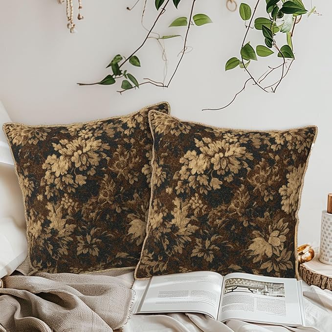 Neutral Flowers Dark Brown Soft Velvet Throw Pillow Covers Set of 2 Boho Vintage Abstract Floral Decorative Pillow Covers 18x18 Inch Retro Bohemian Pillow Case For Sofa Couch Farmhouse Home Decor