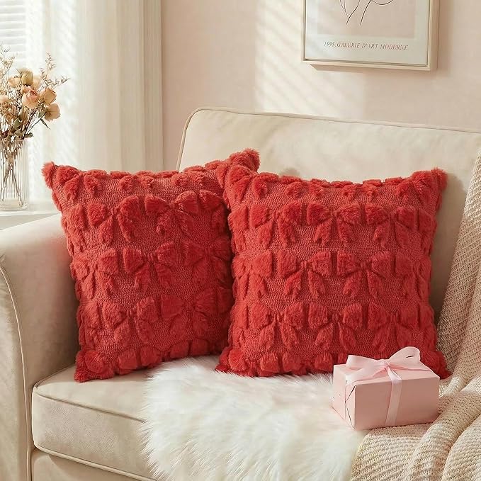 AVOIN colorlife Red Spring Bow Throw Pillow Covers Set of 2, 20 x 20 Inch Coquette Aesthetic Room Decor Soft Plush Faux Fur Cushion Case for Girls Room
