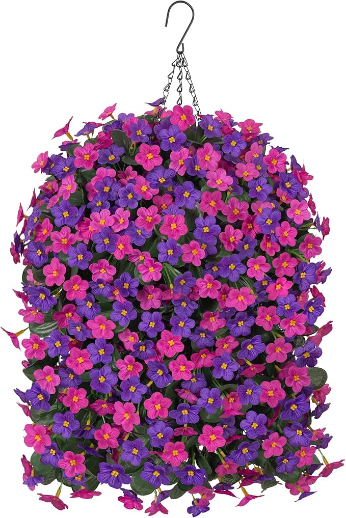 Artificial Flowers Baskets for Outdoor Decoration, Fake Hanging Plants Silk Dark Purple Fuchsia Daisy Mums Trailing Vines in Planter Realistic UV Resistant for Balcony Porch Decor