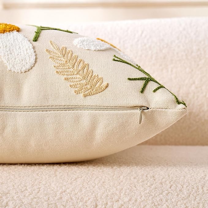 Embroidered Throw Pillow Covers Boho Farmhouse Daisy Tufted Pillow Covers Floral Decorative Couch PillowCases 16x16 Cottagecore Square Cushion Cover Set of 2 for Living Room Couch Sofa Bed Home Decor