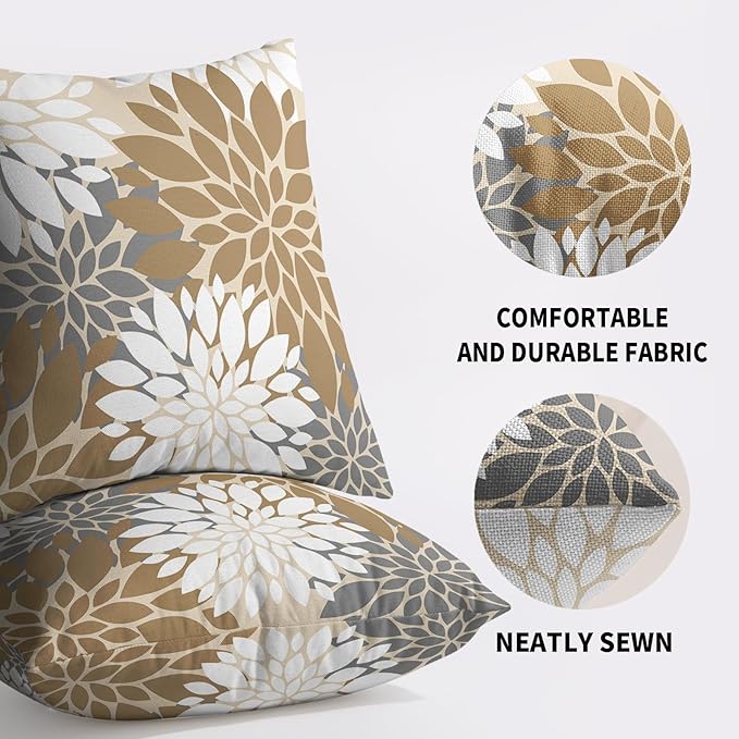 Brown White Grey Gray Pillow Covers 20X20 Inch Set of 2, Spring Modern Geometry Dahlia Floral Print Decorative Throw Pillow Covers Outdoor Farmhouse Cushion Case for Couch Sofa Bed Decor