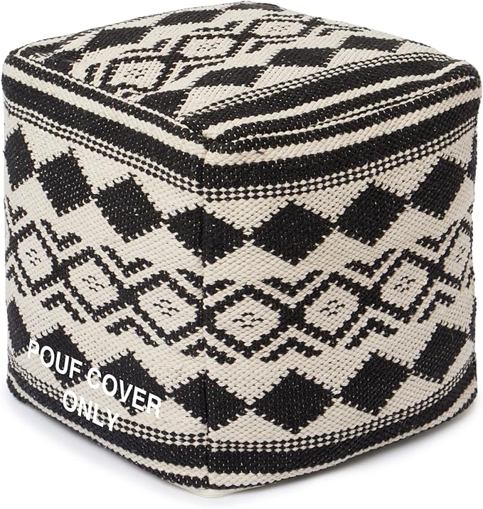 REDEARTH · UNSTUFFED Pouf Ottoman Cover Textured Cube Bean Bag Pouffe Footrest for Living Room, Bedroom, Nursery, Kidsroom; 100% Cotton(18"X18"X18", Linear Diamonds Black)
