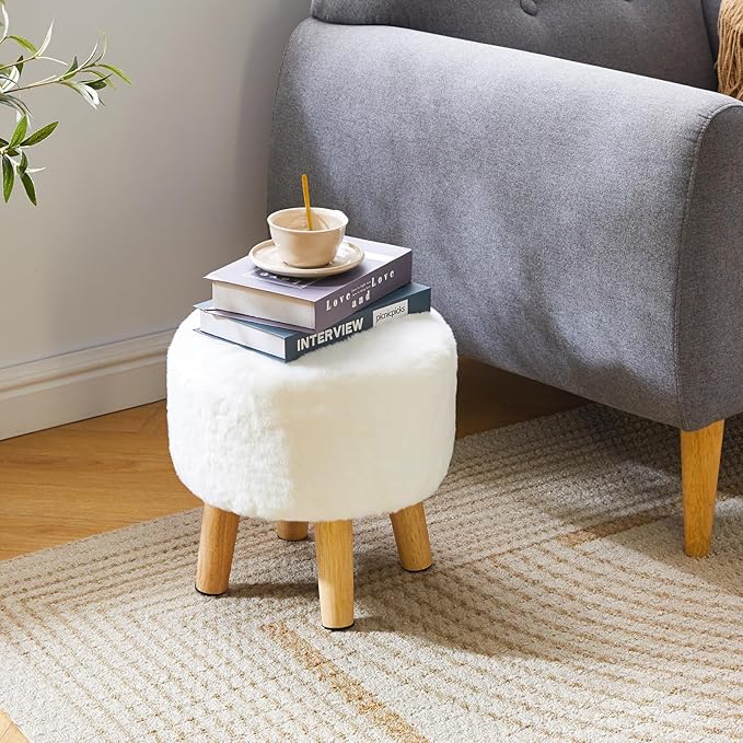 YMYNY Round Pouf Ottoman Small Foot Stool Faux Fur Foot Rest for Couch Modern Boho Footstools with Wood Legs for for Living Room Bedroom Office 12.6" D×12.6" W×12.6" H White UHBD035W