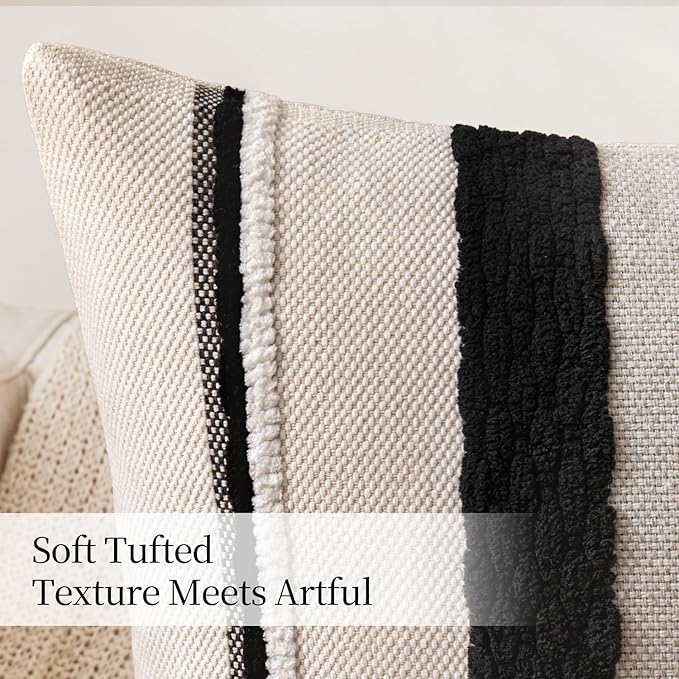 ANRODUO Pack of 2 Boho Decorative Throw Pillow Covers 20x20 Farmhouse Cushion Case Striped Chenille Pillow Cases Square Pillow Covers Accent Neutral Pillowcase for Sofa Couch Bed, Black-White Stripe 2