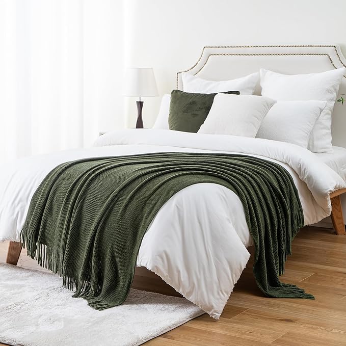 BATTILO HOME Olive Green Throw Blanket for Couch, Soft Chenille Knit Throws with Tassels for Home Decor, Green Throws for Couch Cover, 50"x60"