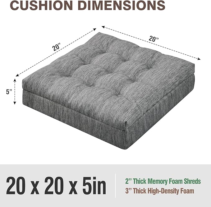 Shinnwa Memory Foam Recliner Cushion for Elderly, Patented Design Extra Large Seat Cushion, Dual-Layer Foam Chair Pad for Couch, Armchair, Wicker Chairs, Floor, 20 × 20 × 5in, Grey