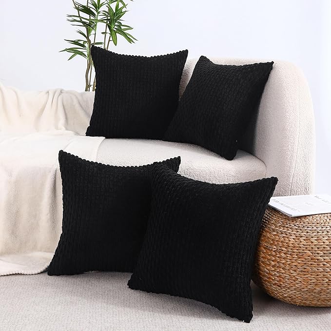 VAKADO 12x20 Set of 4 Lumbar Black Decorative Throw Pillow Covers Couch Corduroy Christmas Home Living Room Farmhouse Rustic Cushion Case Decor Neutral Boho Square for Bed Sofa