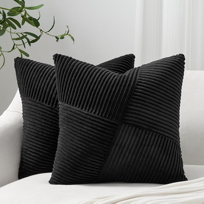 Topfinel Set of 2 Decorative Black Throw Pillow Covers 16x16 Inch for Couch Sofa Bed, Rustic Farmhouse Boho Home Decor, Soft Corduroy Windmill Textured Striped Patchwork Cushion Cases