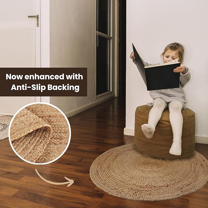 · REDEARTH · Round Area Rug - 4 Feet Braided Natural Jute with Non-Skid Backing - Handwoven Boho Rug for Bedroom, Kitchen, Living Room Aesthetic Home Decor - Durable Handmade Rug, Set of 2, Set of 2