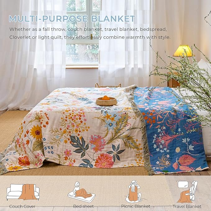 Boho Throw Blanket for Home Decor,Ultra Soft Throw Rustic Classic Quilt,100% Cotton Muslin Blankets for Adults, Reversible Woven Decorative Blanket for Bed Layering Use, Colorful Floral, 50"x60"