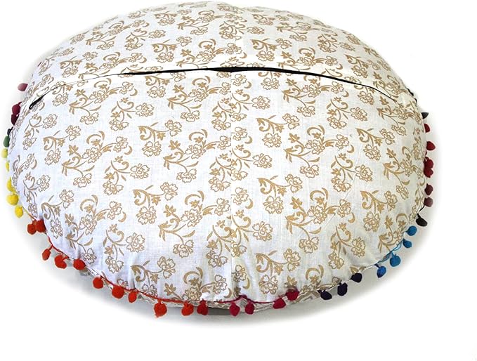 Round Mandala Floor Pillow Cover Seating Cushion Throw Cover Hippie Decorative Bohemian Ottoman Pouf Cover, Pom Pom Pillow Cases,Boho Indian 22 Inches (Gold)
