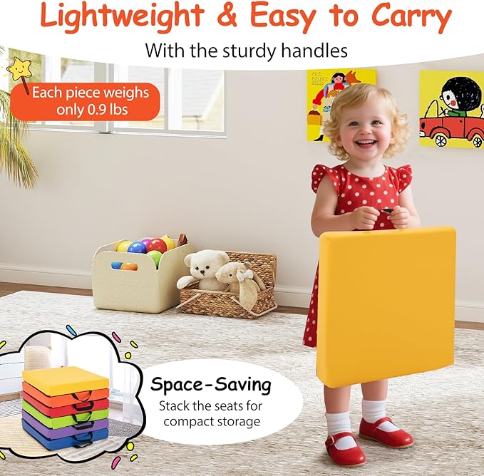 Costzon 6-Piece 16 inch Kids Floor Cushion, 2.5" Thick Waterproof Daycare Preschool Square Foam Cushion with Handle for Toddlers, Soft Flexible Seating for Classroom, Home, Kindergarten or Nursery