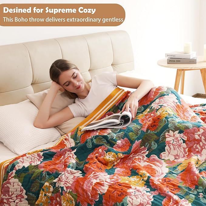 Boho Throw Blanket, 100% Organic Cotton Breathable Ultra Soft 80" x 90" Bed Quilt Throw - All Season Floral Rustic Farmhouse Decor Luxury Reversible Blanket for Sofa Couch Chair and Gift