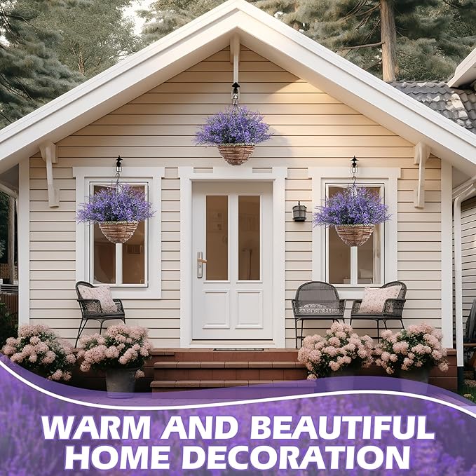 2 Sets Artificial Lavender Flowers with Hanging Basket for Outdoor Indoor Artificial Faux Hanging Flowers Plants Rattan Lining for Porch Garden Yard Spring Summer Decor (Purple)