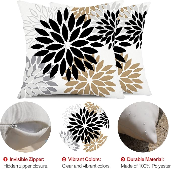 DFXSZ Black Brown Outdoor Pillow Covers 18x18 Inch Set of 2 White Gray Flower Throw Pillows Farmhouse Outdoor Modern Floral Polyester Square Cushion Case Decor for Patio Funiture Garden 002B18