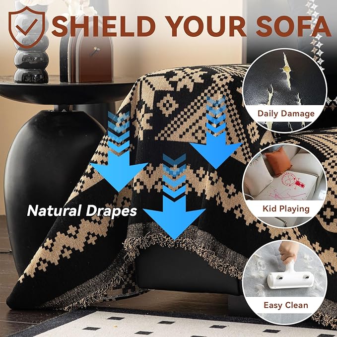 VClife Boho Couch Cover for Sofa, Anti Slip Chenille Sofa Cover for Sectional Sofa - 1 Piece Black Khaki Geometry Jacquard Sofa Slipcover, Pet-Friendly Couch Cushion Cover with Tassel 71"x 134"