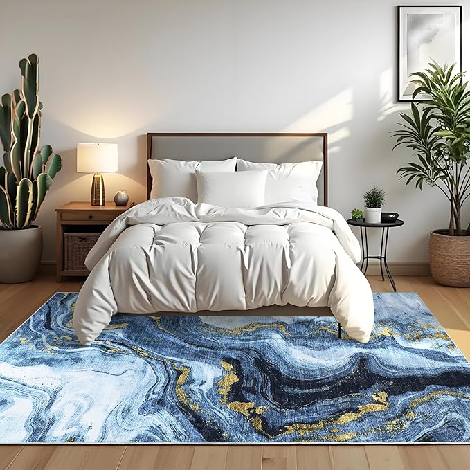 GarveeHome Large Area Rugs 9x12 Washable Modern Abstract Rug, Non-Shedding Neutral Living Room Rugs, Stain-Resistant Low Pile Abstract Floor Cover for Bedroom, Dining Room, Farmhouse, Office, Blue