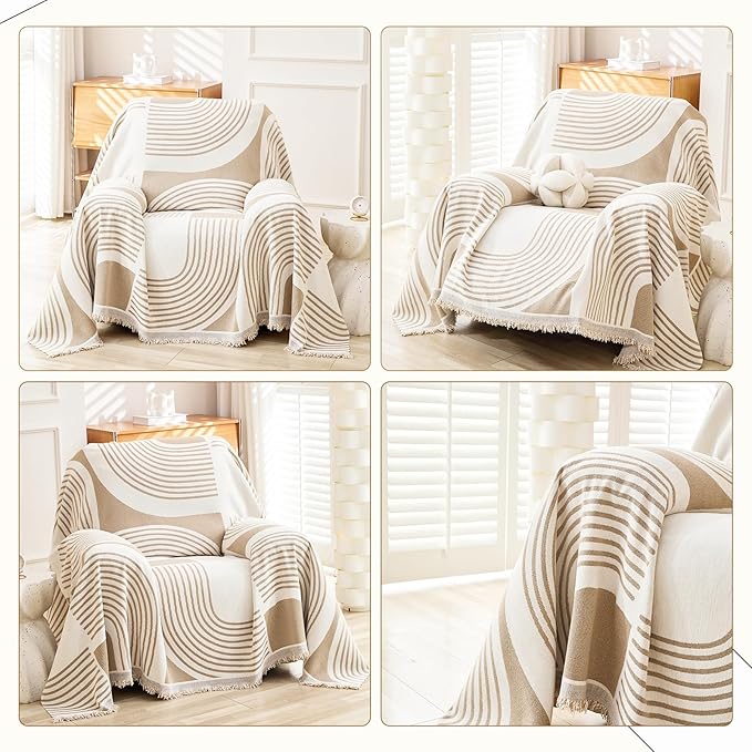 Boho Chenille Couch Cover with Tassels, Bohemian Sofa Cover for 1 Cushion Couch, Armchair, Chair, 1 Seater (71" x 91", Khaki)