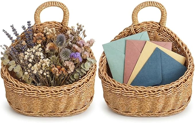 DOITOOL Set of 2 Wicker Hanging Basket for Wall, Front Door, Flowers, Mail, Fruit - Boho Handmade Rattan Hanging Wall Baskets for Garden Farmhouse Home Storage